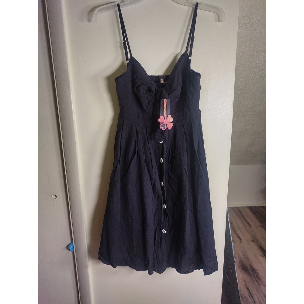 FANCYINN Black Tie Front Button Down Smocked Back A-Line Sundress Small NWT